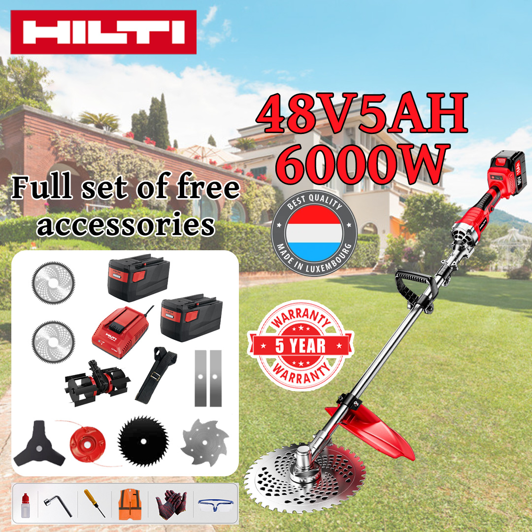 [Upgraded Model] Lawn Mower (6000w48V5AH) + Cultivator Head * 1 + Alloy Saw Blade * 2 + Alloy Saw Blade * 2 + Alloy Cutter Head * 1 + Triple Blade * 1 + Anti-Block Blade * 1 + Charger + Battery * 1 + Belt * 1 + Others accessories + 5-year warranty