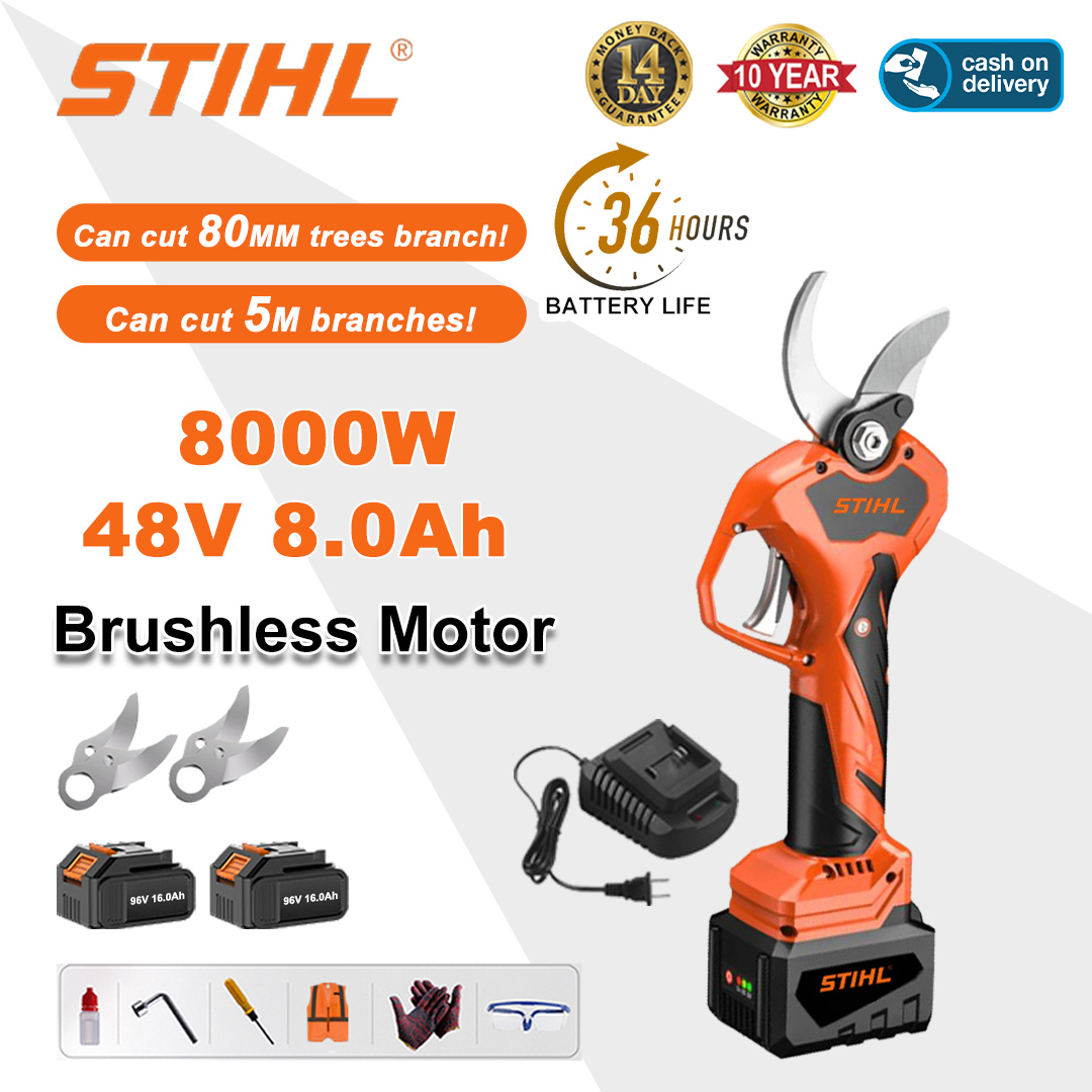 8000W brushless lithium battery pruning shears + 48V 8Ah battery * 2 + SK9 alloy blade * 2 + charger + LED power display + tool box + lubricating oil + safety glasses + 10-year warranty