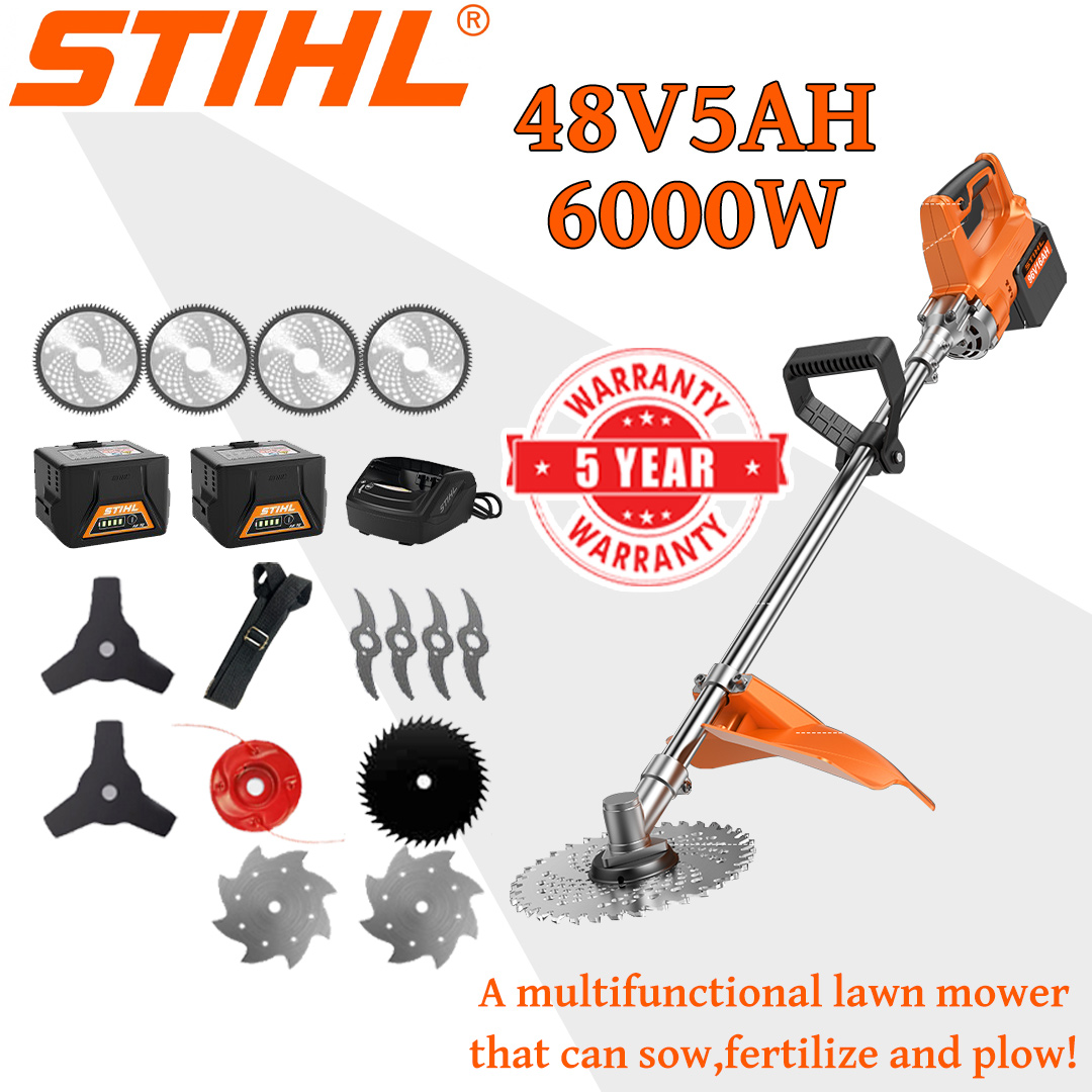 [Updated model] Lawn mower (6000w48V5AH) + cultivator *1 + alloy blade *2 + alloy saw blade *2 + alloy cutting head *1 + triple knife *1 + anti-blocking knife *1 + charger + battery *1 + belt *1 + Other accessories + 5 years warranty