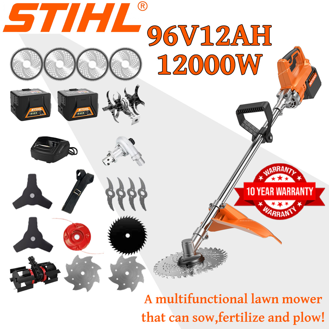 [Upgraded Deluxe Model/Highly Recommended] Lawn Mower (12000w96V12AH) + Electric Screen + Tilting Head *1 + Trench Wheel *1 + Alloy Blade *4 + Alloy Saw Blade *4 + Alloy Saw Head Cutter *1 + Blade with Three Knives *2 + Anti-interference Blade *1 + Steel Knife *2 + Snow Plow *1 + Charger + Battery *2 + Belt *1 + Other Accessories + 10 Years Warranty