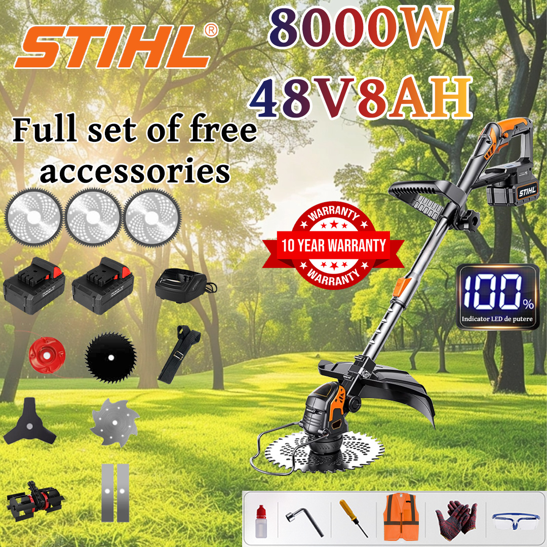 [Upgraded Model] Lawn Mower (8000w48V8AH) + Tillage Head*1 + Alloy Blade*2 + Alloy Saw Blade*2 + Alloy Cutter Head*1 + Triple Blade*1 + Anti-block Blade*1 + Charger+Battery*2+Belt*1+Other Accessories