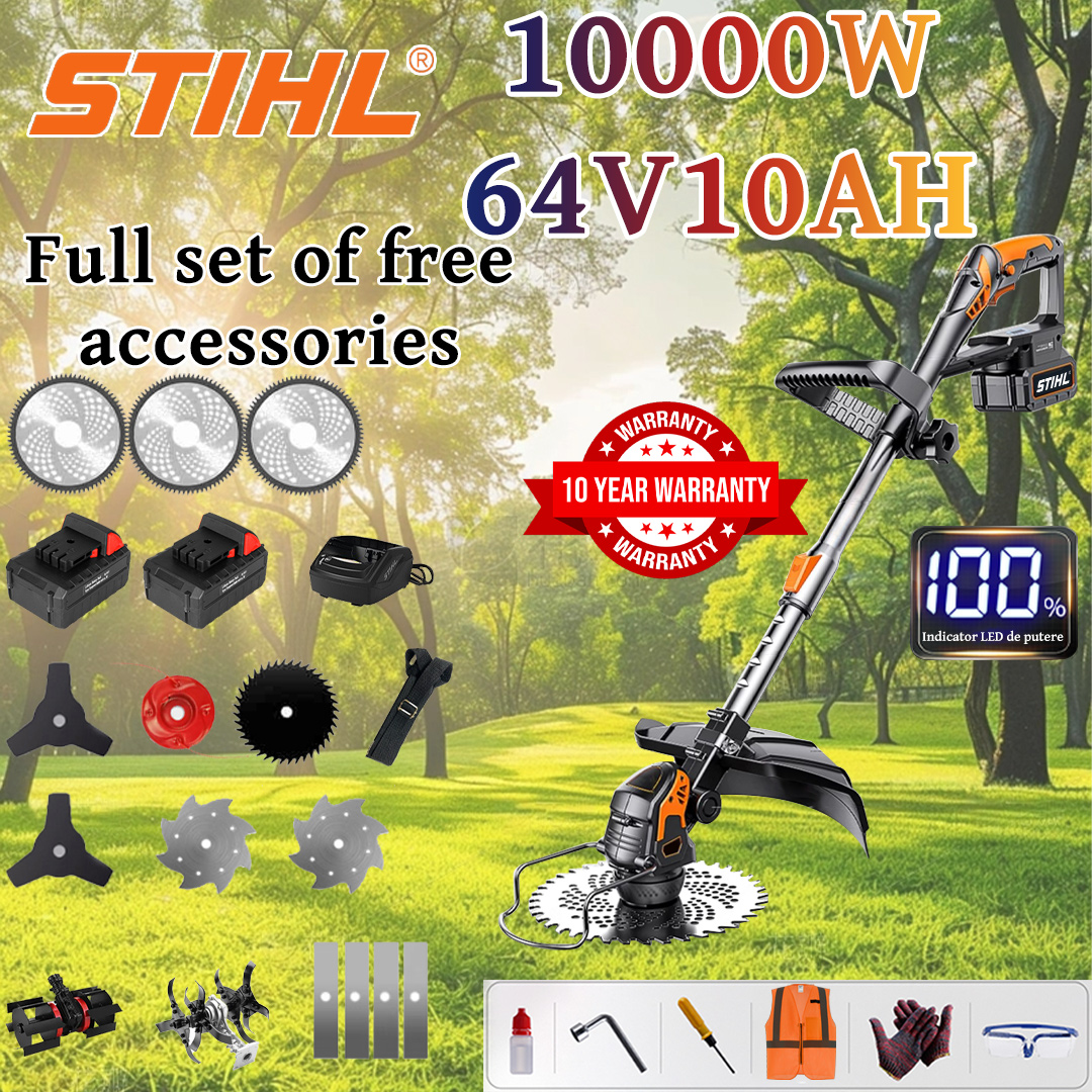 [Deluxe Model] Lawn Mower (10000w64V10AH) + Tillage Head*1 + Adjustment Wheel*1 + Alloy Blade*4 + Alloy Saw Blade*4 + Alloy Cutter Head*1 + Triple Blade*2 + Anti-block Blade*1 + Steel Knife*2 + Charger+Battery*2+Handle*1+Other Accessories