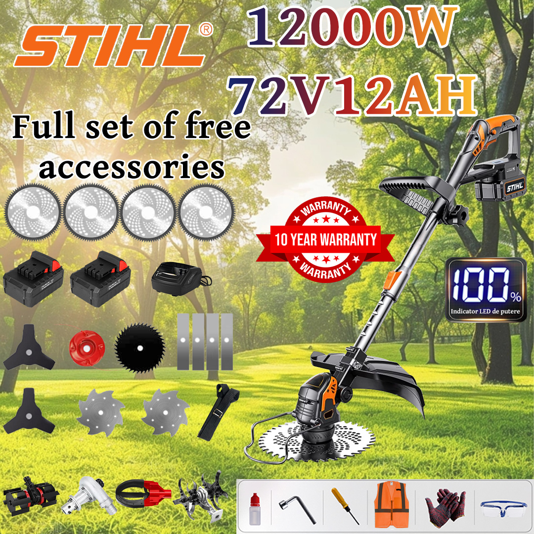 [Upgraded Luxury Model/Highly Recommended] Lawn Mower (12000w96V12AH) + Power Display + Tillage Head *1 + Trenching Wheel *1 + Alloy Blade *4 + Alloy Saw Blade *4 + Alloy Cutting Head *1 + Three-Blade Knife *2 + Anti-Interference Blade *1 + Steel Knife *2 + Snow Plow *1 + Charger + Battery *2 + Belt *1 + Fruit Picker *1 + Other Accessories